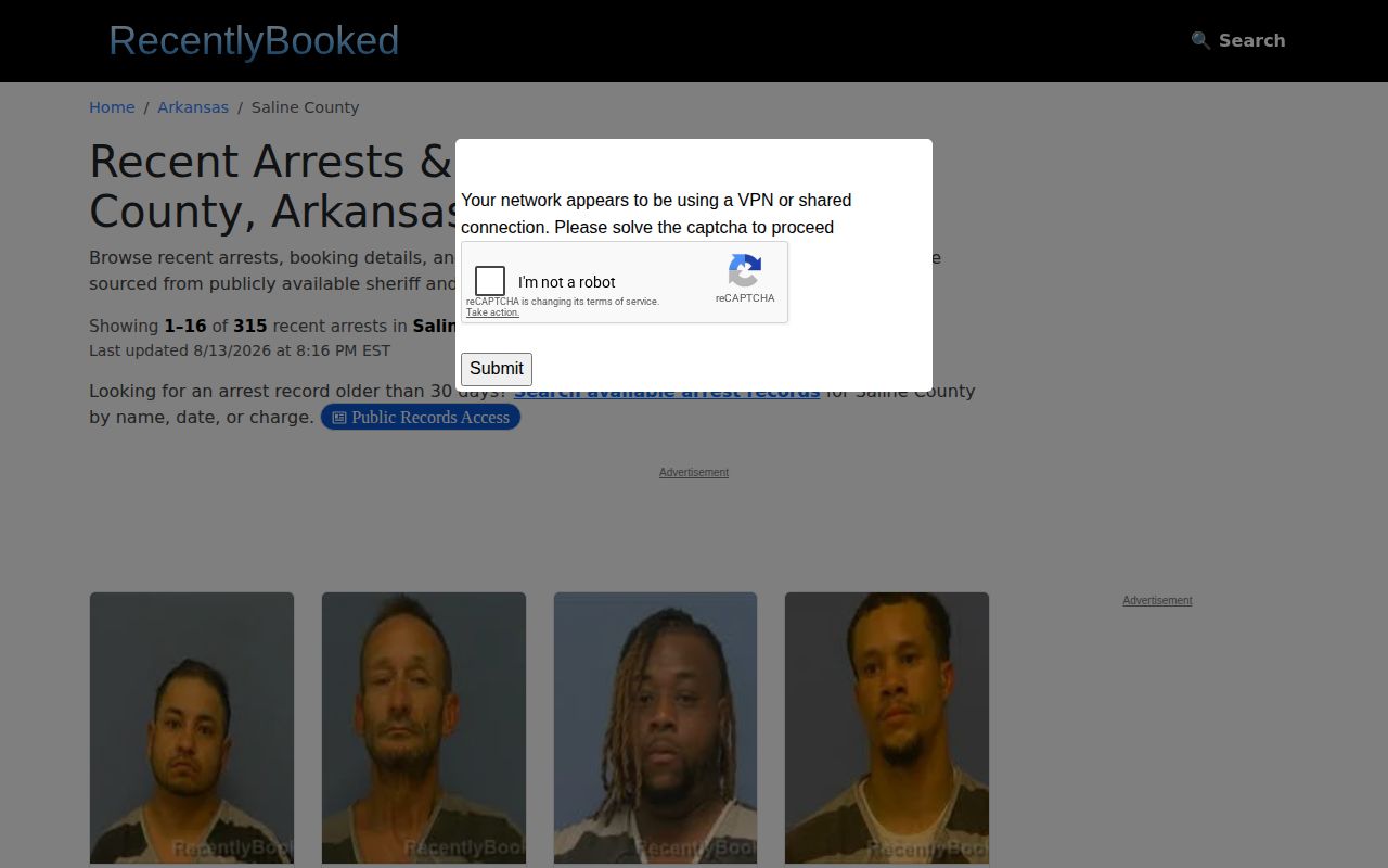 Unofficial Recently Booked Saline County crime and mugshot archive interface