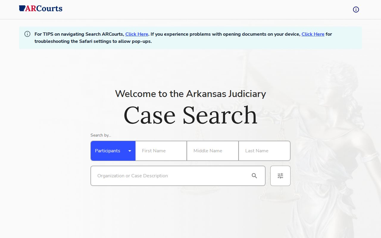 Search ARCourts interface for Saline County arrest case and disposition records
