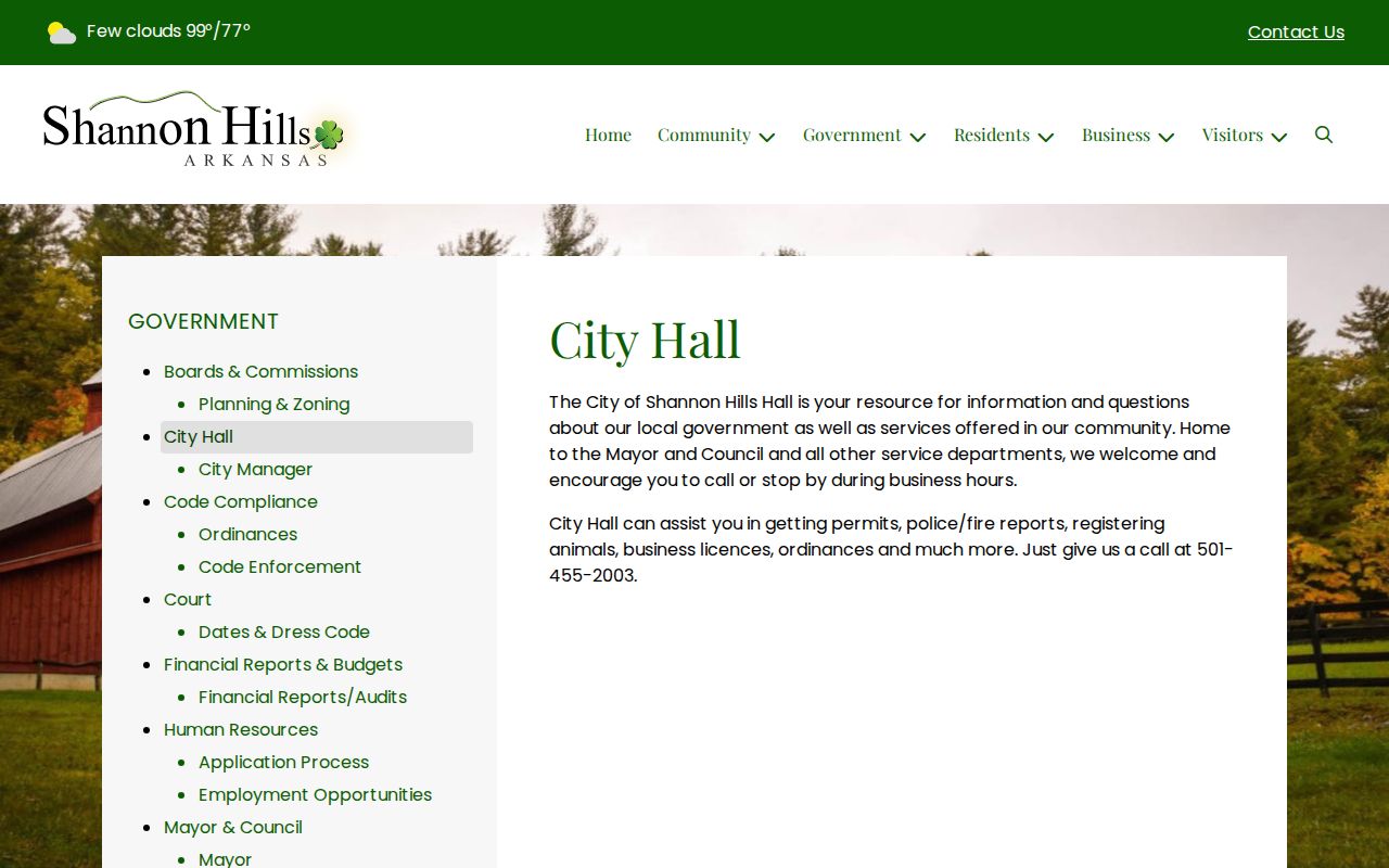 Shannon Hills City Hall source for police report and Saline County arrest record routing